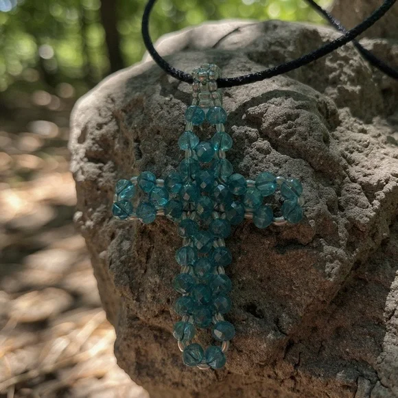 Crystal Hand-Beaded Turquoise Cross Pendant Necklace - Picture 3 of 3
